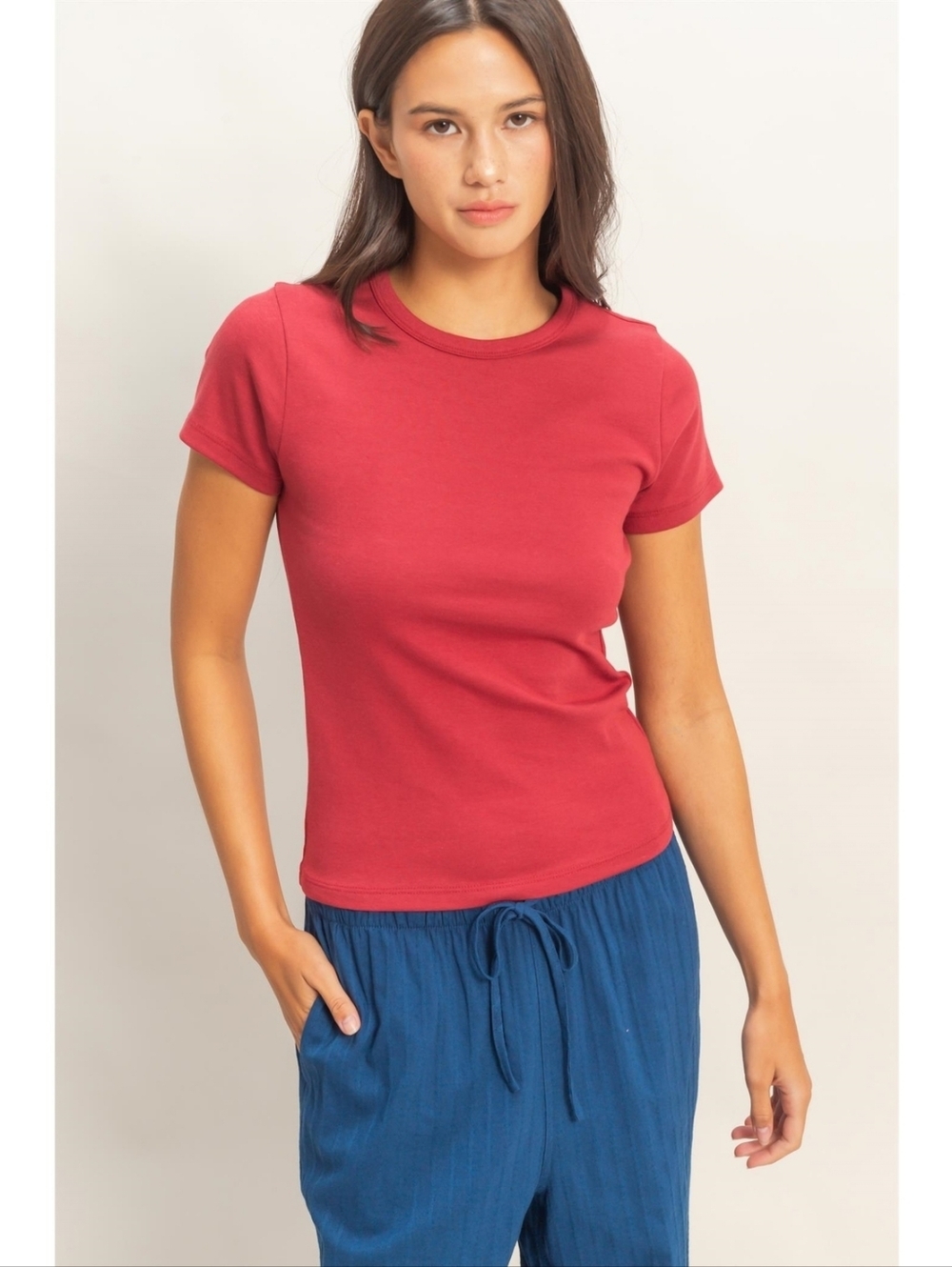 Red Mineral Washed Classic Crewneck Fitted Cotton Blend Tshirt  Baby Tee